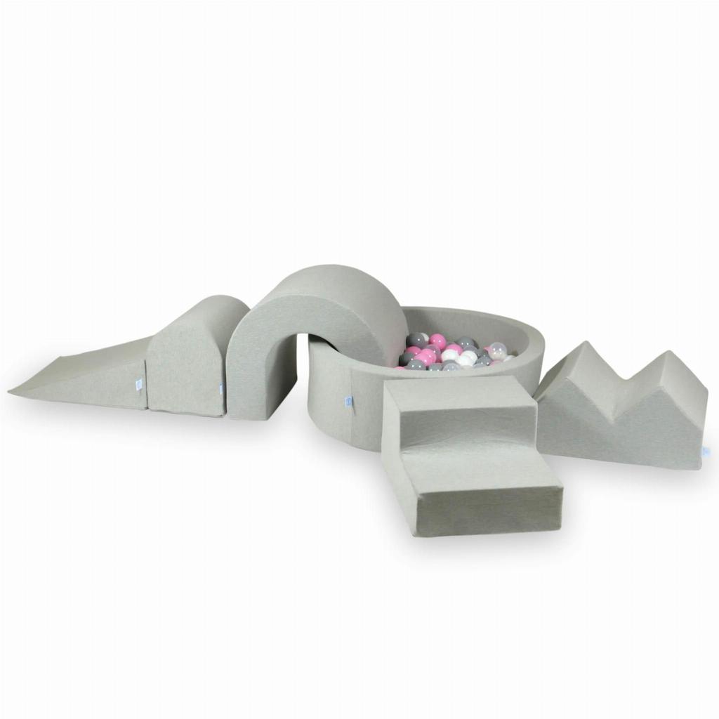 Foam playground with round pool 90x30 Light gray + 5 elements + 200 balls: transparent, white, gray, powder pink