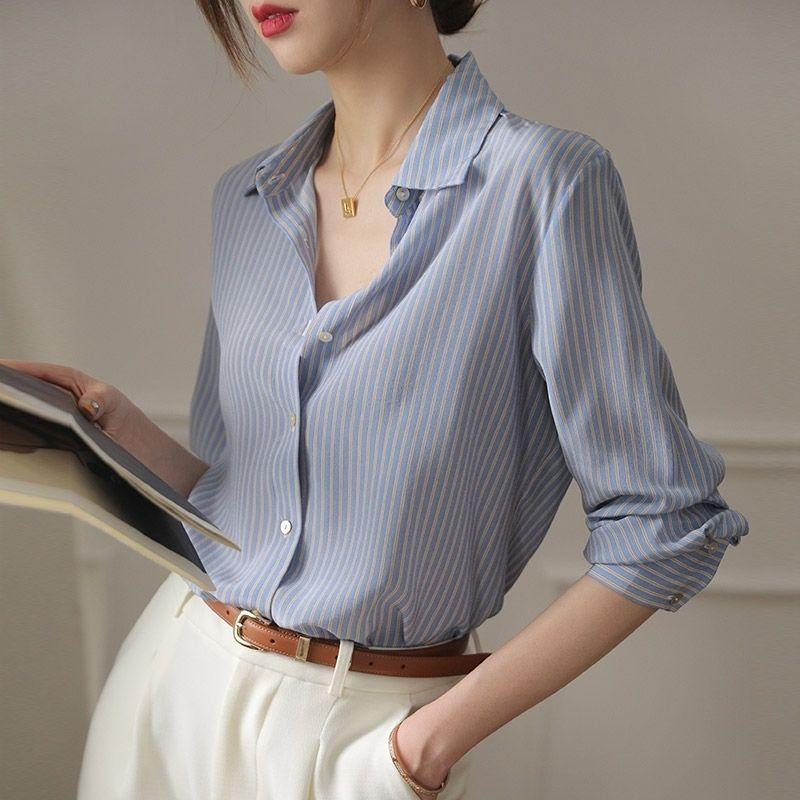 Korean Style Office Lady Blue Striped Spring Summer Fashion All-match Blouse Long Sleeve Turndown Collar Loose Casual Shirt