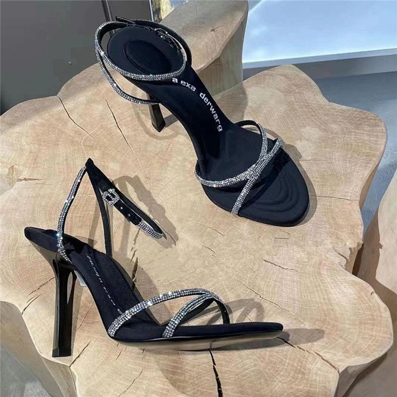 2024 Summer New High Heels Women's Temperament Rhine-diamond Cross-band Hollow Sexy Pointy Thin Heel One-line Strap Sandals