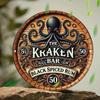 Le Kraken Bar Rhum Épicé Noir Panneau Métallique Rond en Aluminium Vintage Décoration Murale Octopus Nautique Rétro pour Bar à Domicile Man Cave Pu