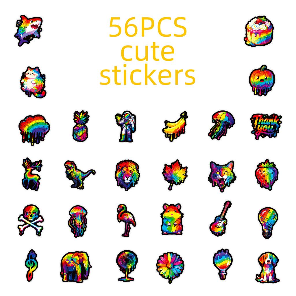 56 Rainbow Ink Splashing Style Creative Sticker Set Tide Cool Animal Elements Hand Account Decoration Diy Personalized Material Stickers