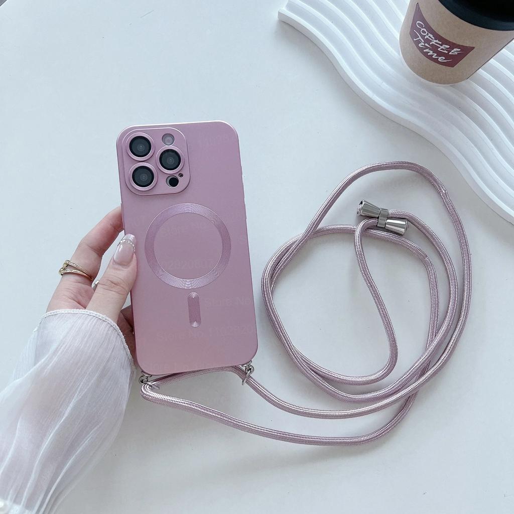 Fashion Magnetic Phone Case for IPhone 17 16 15 14 Plus 13 12 Pro Max with Crossbody Strap Shockproof Matte Lanyard Rope Cover