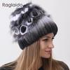 Winter Hat Women Warm Floral Rex Rabbit Fox Fur Hat Elastic Thick Elegant Striped Fluffy Knit Real Fur Hat
