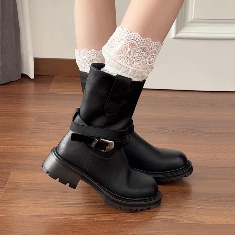 Cowhide Version Wasteland Wind Thick-soled Martin Boots Women's Round Head Autumn and Winter New Knight Boots Retro Belt Buckle Locomotive Short Boots