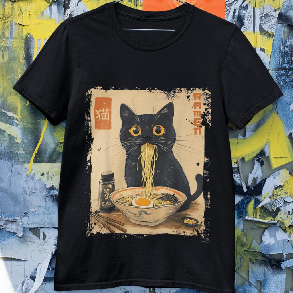 Funny Black Cat Ramen Noodle Graphic T-Shirt Japanese Anime Style Tee