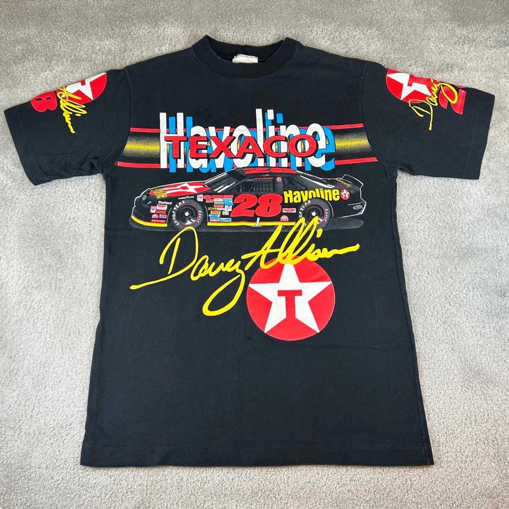 Vintage 90s Davey Allison NASCAR T-shirt Mens L Black 1992 Texaco Racing AOP USA