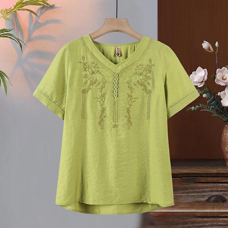 

Embroidered Silk-Linen Two-Piece: Short-Sleeve T-Shirt & Tummy-Cover Pants for Summer 2XL (100-115 jin)
