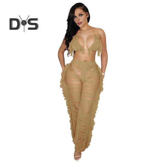 

2 шт./компл., женский укороченный топ, брюки, комплект с кисточками, ажурные, на шнуровке, с бретелькой на шее, пляжный бюстгальтер для отдыха, с высокой талией, рваные вязаные полые брюки S хаки