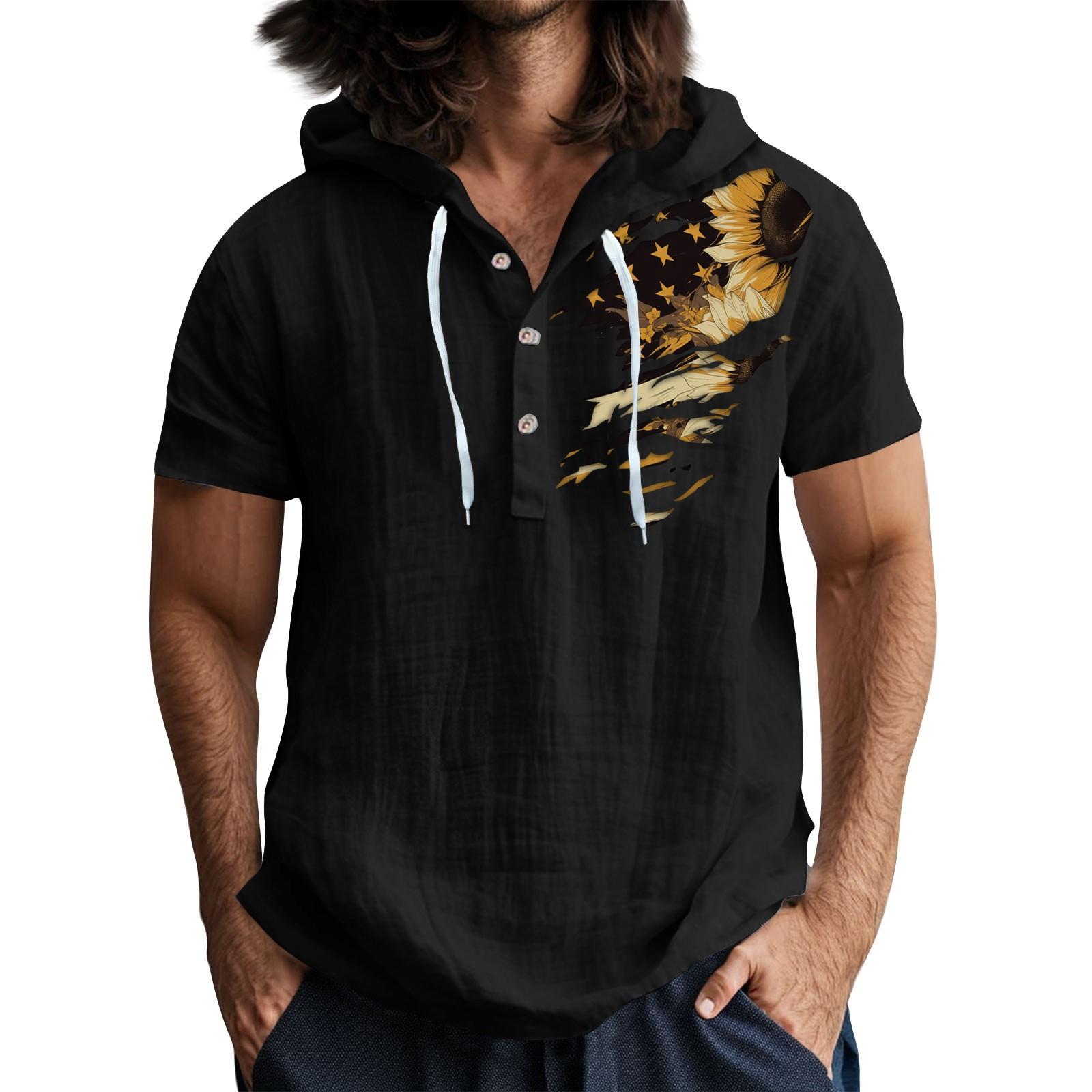 

Чоловіча повсякденна футболка з короткими рукавами та капюшоном, застібнута на ґудзики, з відкритим коміром L чорний