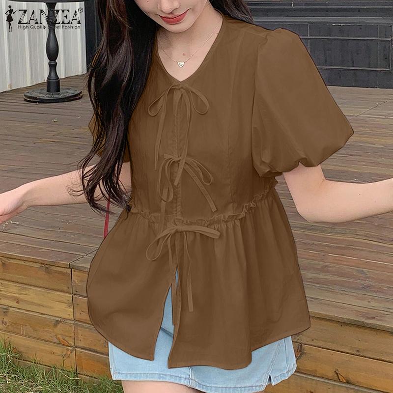 ZANZEA Bluză casual de damă cu șireturi, cu gât rotund, transparentă, de vară, cu mânecă scurtă