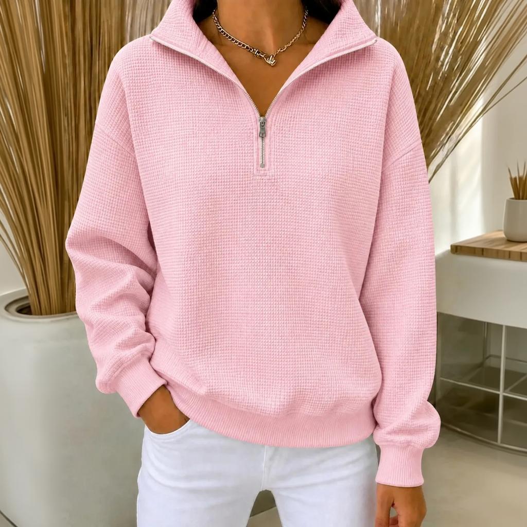 Women's Long Sleeve Zip-Up Sweatshirt with Stand Collar, Knit, Color, Loose Fit