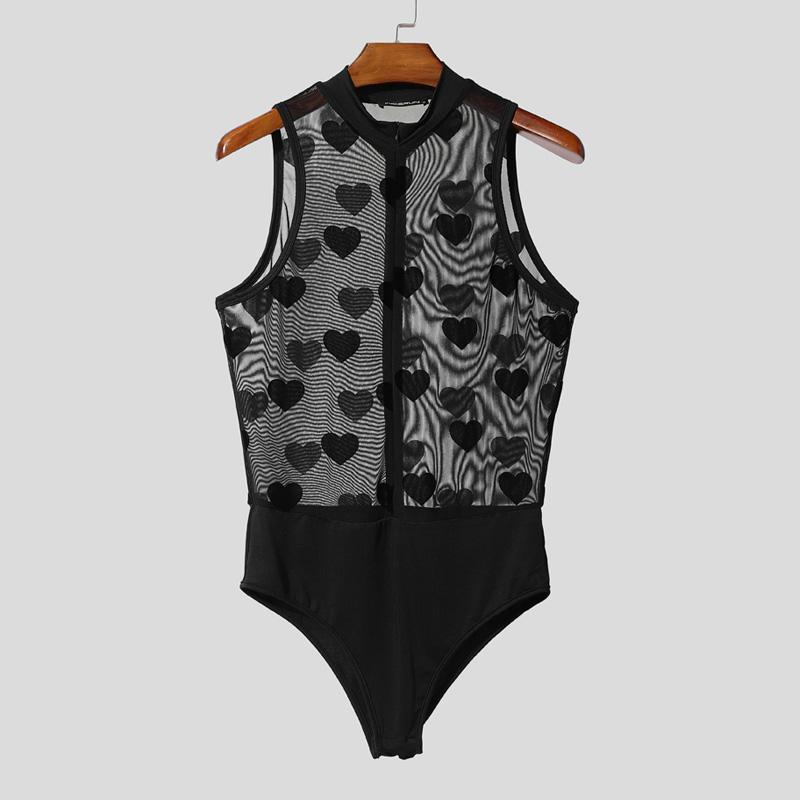 INCERUN Men Crew Neck Sleeveless Print Mesh Sheer Leotard Underwear Jumpsuits