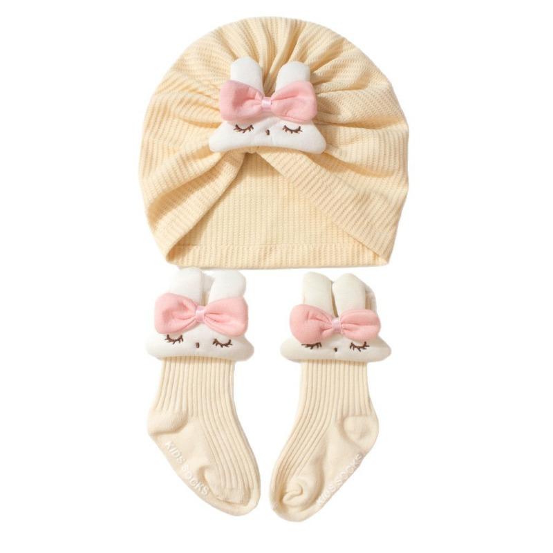 New children's hat set, cute solid color bunny baby stockings, soft hat sock cover