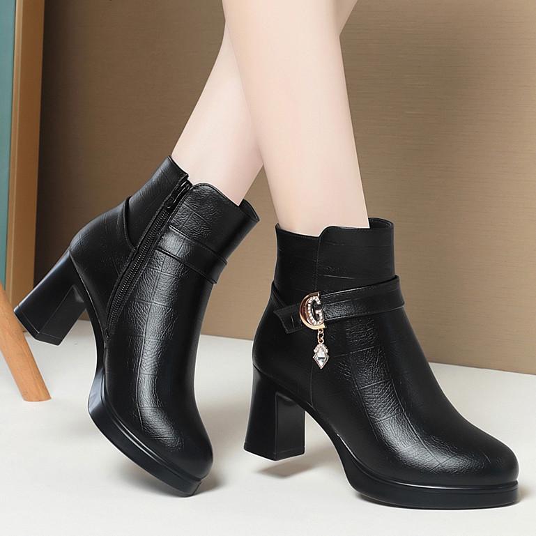 Women's High Heel Winter Boots - Waterproof Leather, Thick Platform, Plus Velvet Fashion Design