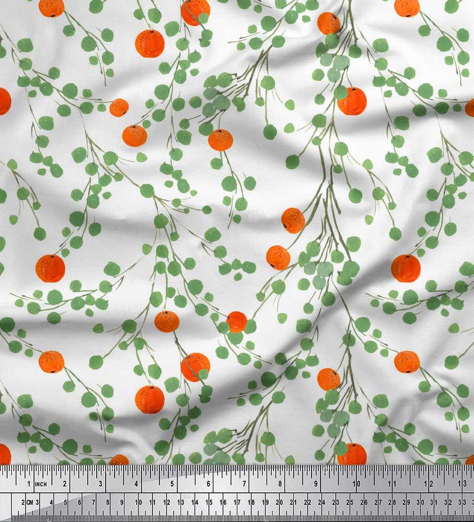 Soimoi Black Japan Crepe Satin Fabric Leaves & Orange Fruits Print Fabric by Metre 42 Inch