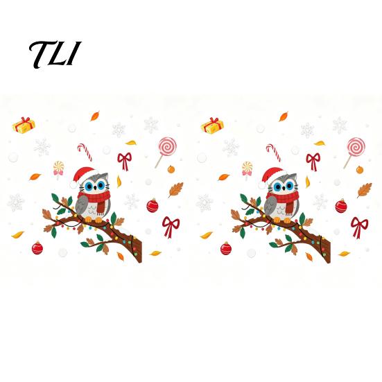 Creative Gift for Friends Cute Christmas Owl Window Sticker, Snowy Branch Candy Glass Decal, Waterproof Self Adhesive Seasonal Wall Art Xmas