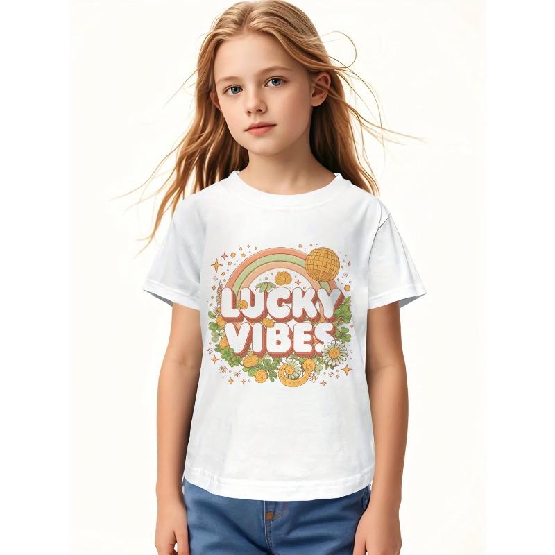 

European sizes Girls T-Shirt | Comfortable and Casual, Round Neck, Short Sleeved, Lucky Vibes, Rainbow and Flowers, Funny Printing 98cm белый