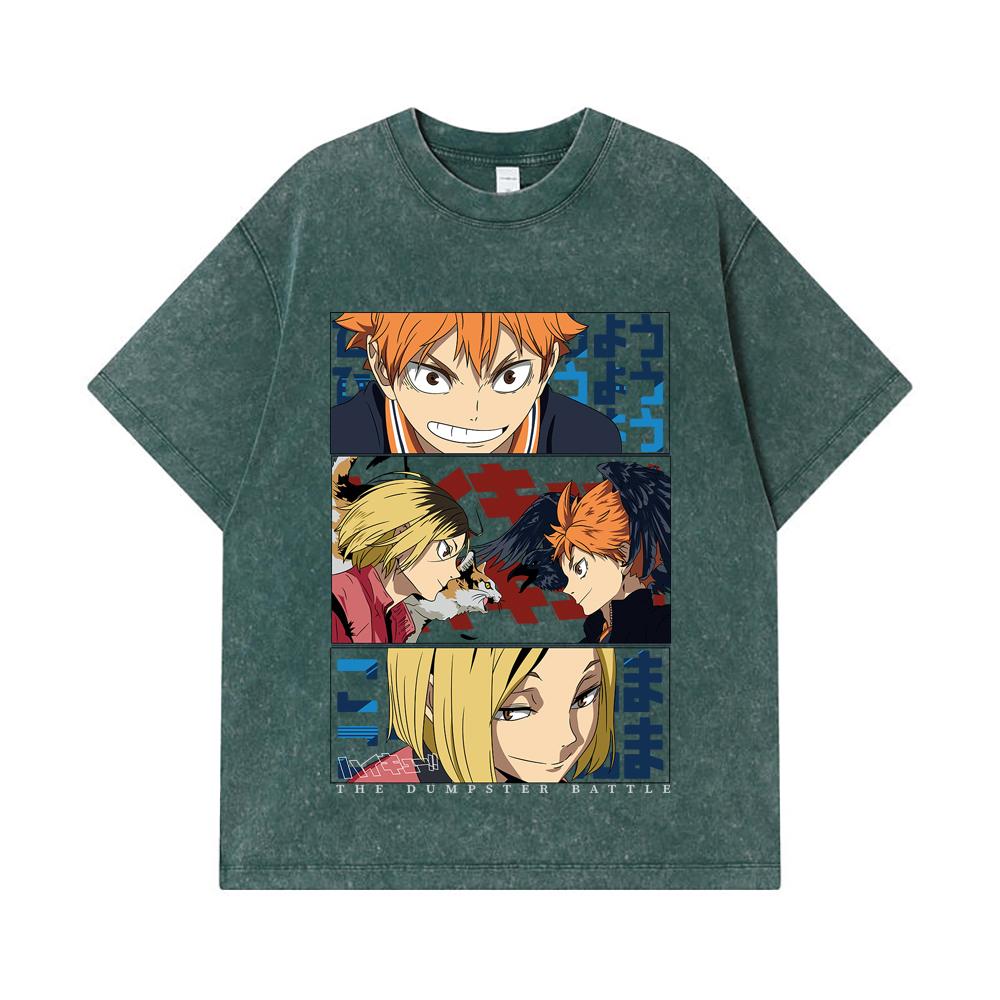 275 GSM Gewaschene T-Shirts 100% Baumwolle Haikyu V9 Mülltonnen-Schlacht Druck Unisex Schweres Baumwoll-T-Shirt