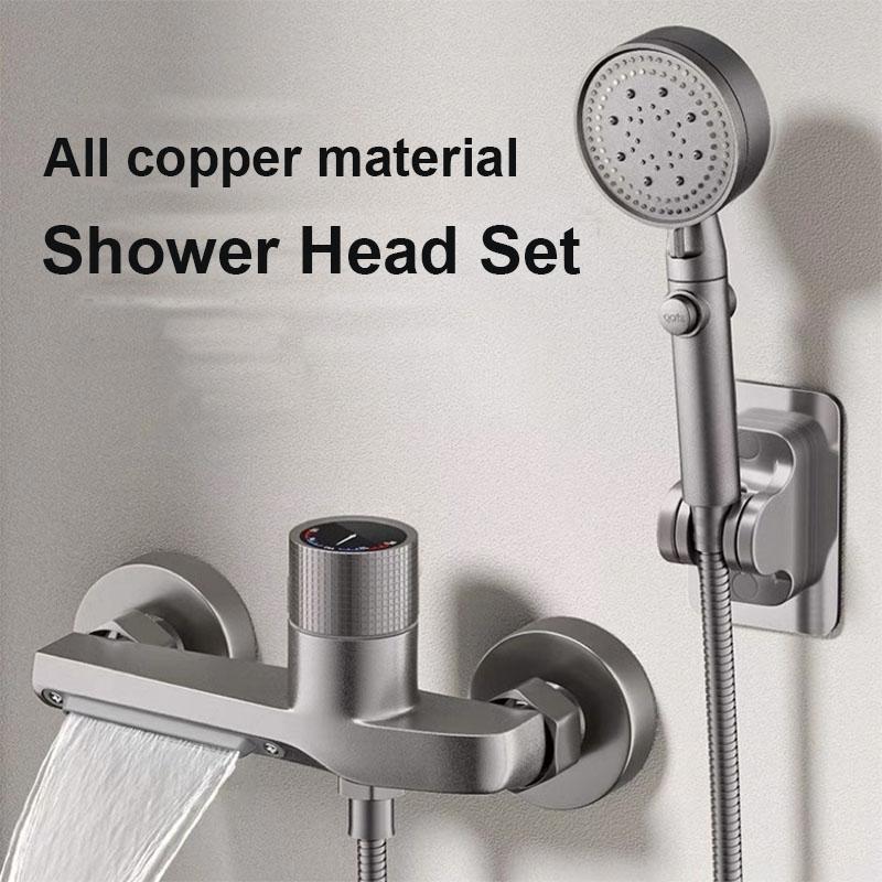 Brass Shower Set Complete Kit - Hot/Cold Mixer Valve, Wall Bracket, Hose & High-Pressure Shower Heda