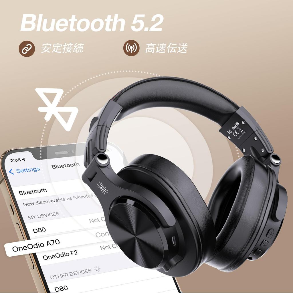 OneOdio A70 Wireless Headphones, 72 Hours Playtime, Bluetooth Headphones, Dual-Use Wired and Wireless, Over-Ear Headphones with Mic, DJ Headphones,