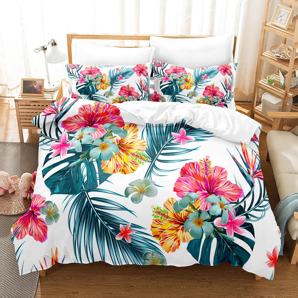 Pink Flamingo Duvet Cover Set Green Leaves Floral Animal Print Bedding Sets For Kids Girls Tropical Pattern Design Bedroom Decor