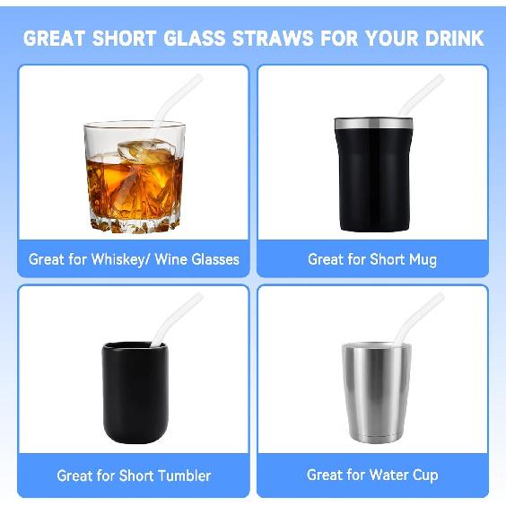 8 Pcs Glass Straws Shatter Resistant, 6” Short Glass Reble Drinking Straws with 2 Cleaning Brush, Including 4 Straight and 4 Bent Reble Straw Short