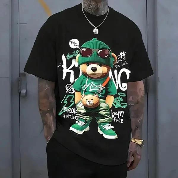 Streetwear hip-hop teddy bear print men’s T-shirt, Harajuku retro casual short L