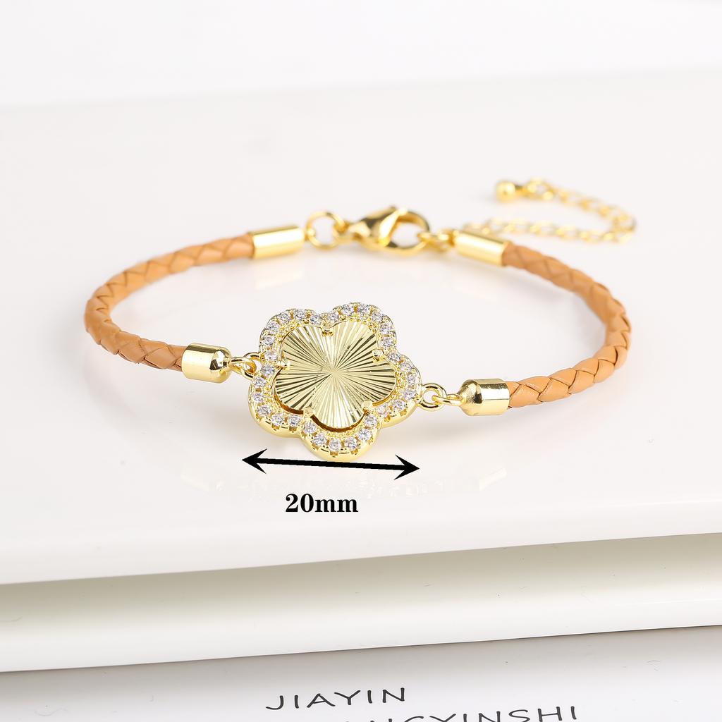 Klassisches geflochtenes Armband mit Charms aus echtem Leder und Naturstein, fünfblättrige Blume, für Damen Mädchen, Party, Hochzeit, Schmuck, Geschenk