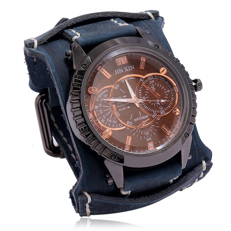 Retro Distressed Men's Cowhide Watch: European American Punk Wide Leather Bracelet Jewelry