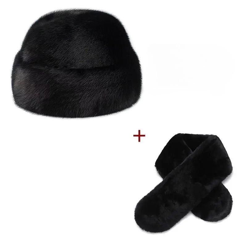 

2pcs Middle-aged and Elderly Cold Cap Winter Warm Top Hat Men Elegant Fashion Thick Caps Black Scarves Two-piece Set Europe and America Style