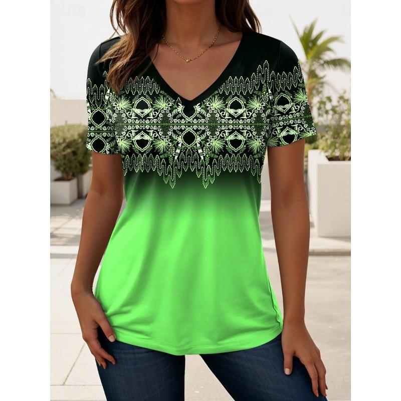 Summer Women's T Shirt Ombre Graphic Geometric Vintage Stylish Casual Short Sleeve V Neck Regular Tops Daily Printed Tees