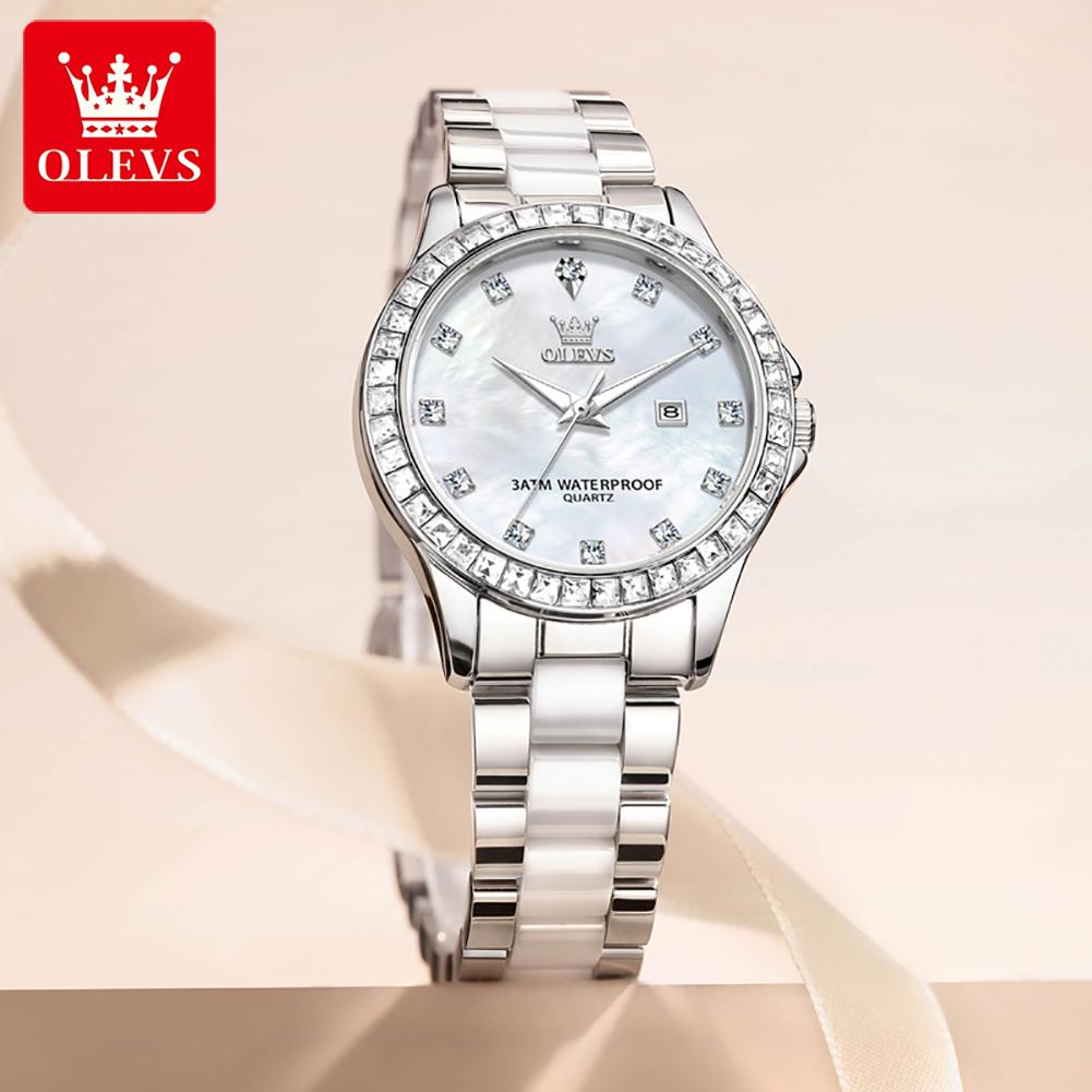 OLEVS Womens Watch Luxury Elegant Fashion Rhinestone Bezel Ceramic Strap Wristwatch Waterproof Date Watches