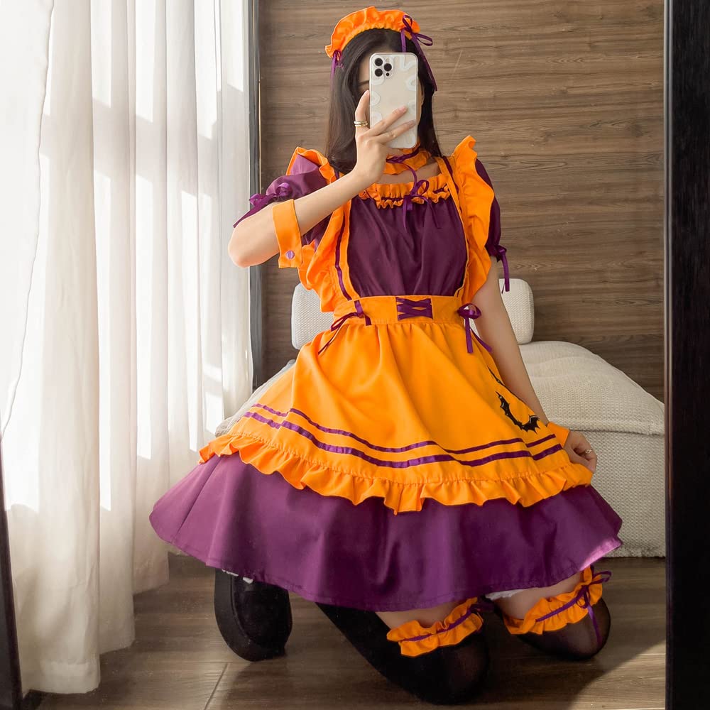 Halloween Maid Orange Bat Halloween Includes Socks [RPFLQ] Outfit, Costume, Women's Costume, Apron, Headband, Cute, Adult, 7-Piece Set, Knee-High