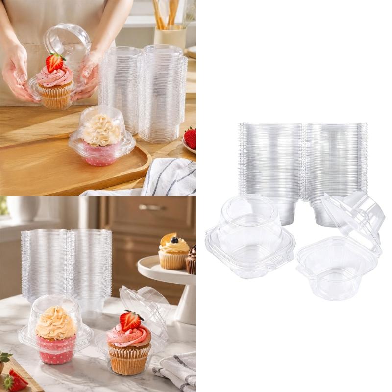Individual Dessert Packages in Clear Plastic with Hinged Domed Covers and Fold-Over Fasteners for Takeout Display