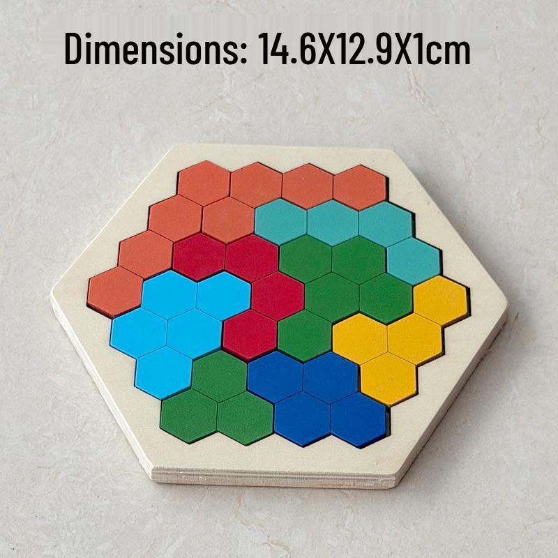 Hexagonal Shape Chess Puzzle - Seven Pieces, 11 Blocks Educational Wooden Toy for Kids