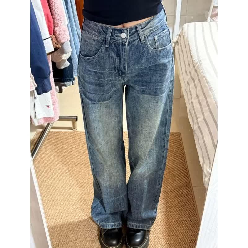 Zuo Se Women s Retro Blue Wide-Leg Denim Pants S