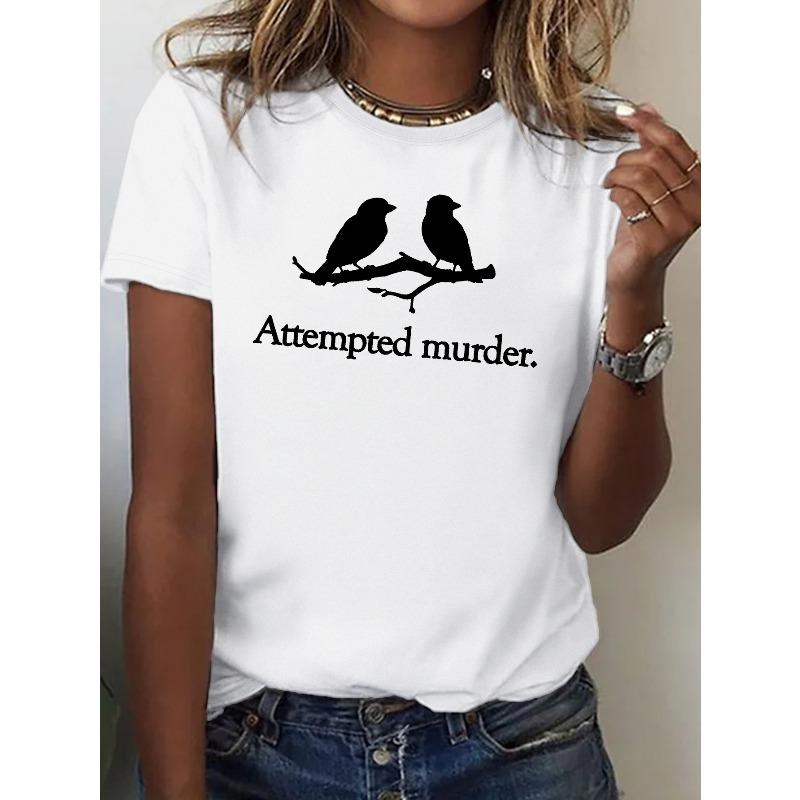 

European Size Bird Print Crew Neck T-shirt, Casual Short Sleeve Top For Spring & Summer, Women s Clothing L