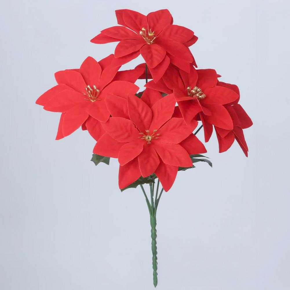 Faux Poinsettia Stems Flowers 13 Inch Artificial Poinsettia Flower Bouquet With 5/7 Heads Faux Silk Christmas Floral Arrangement