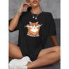 Cat & Fish Print Casual T-Shirt, Short Sleeves Round Neck Stretchy Sports Top, Women's Sporty Activewear