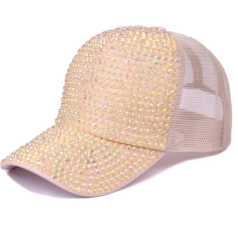New Colorful Rhinestone Women Baseball Cap Unisex Fashion Personality Hip-hop Sun Hat All-match Pearl Sequins Snapback Mesh Caps