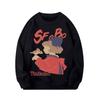 Women's Round Neck Black Sweatshirt Autumn New Ladies Cartoon Print Oversized Long Sleeved Hoodie Top