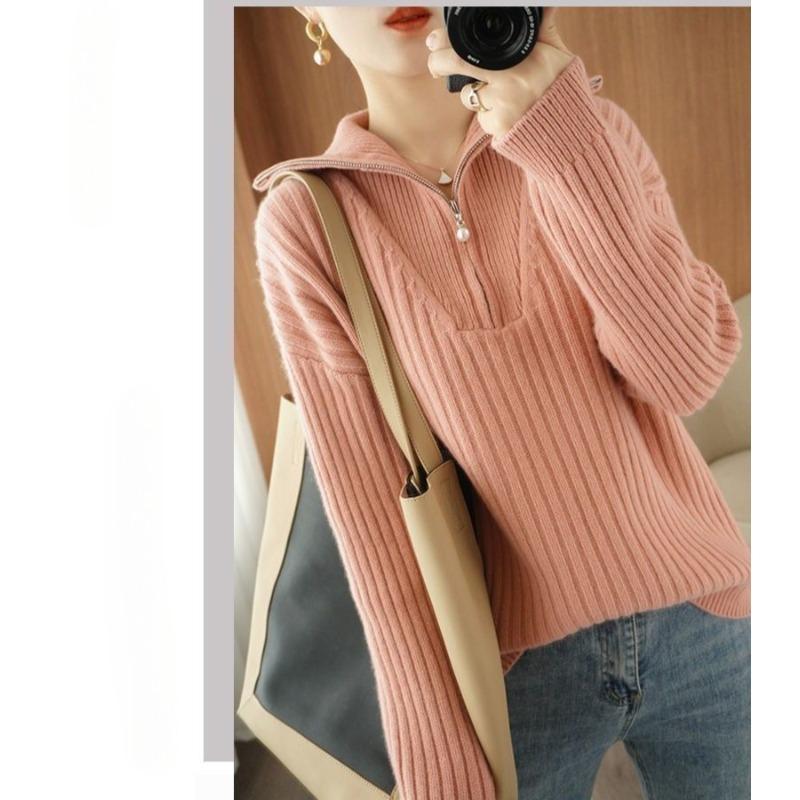 

Женский трикотажный свитер с высоким воротом, на молнии, со стойкой, свободный, в стиле кэжуал, в корейском стиле, пуловер для осени-зимы XXL розовый