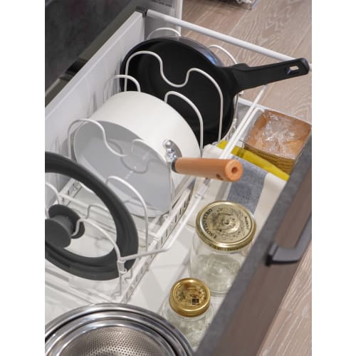 Wahei Freiz Frying Pan Rack Telescoping 33~57 X 25.5 X 19.5cm with Handle Stopper Kitchen Storage Float RG-0450