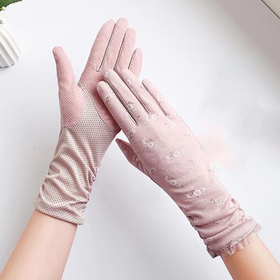 1 Pair Floral Print Anti-slip Palm Driving Gloves Full Finger Lace Stitching Wrist Extended Girls Outdoor Riding Sunscreen Mittens Cycling Accessories