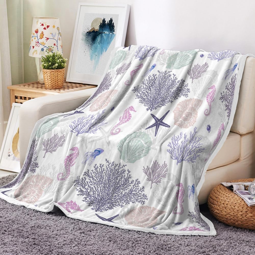 Beach Blankets, Nautical Coastal Throw Blankets, Starfish Seashell Coral Blankets Summer Lightweight Throw Blanket, Ocean Theme Lightweight Soft