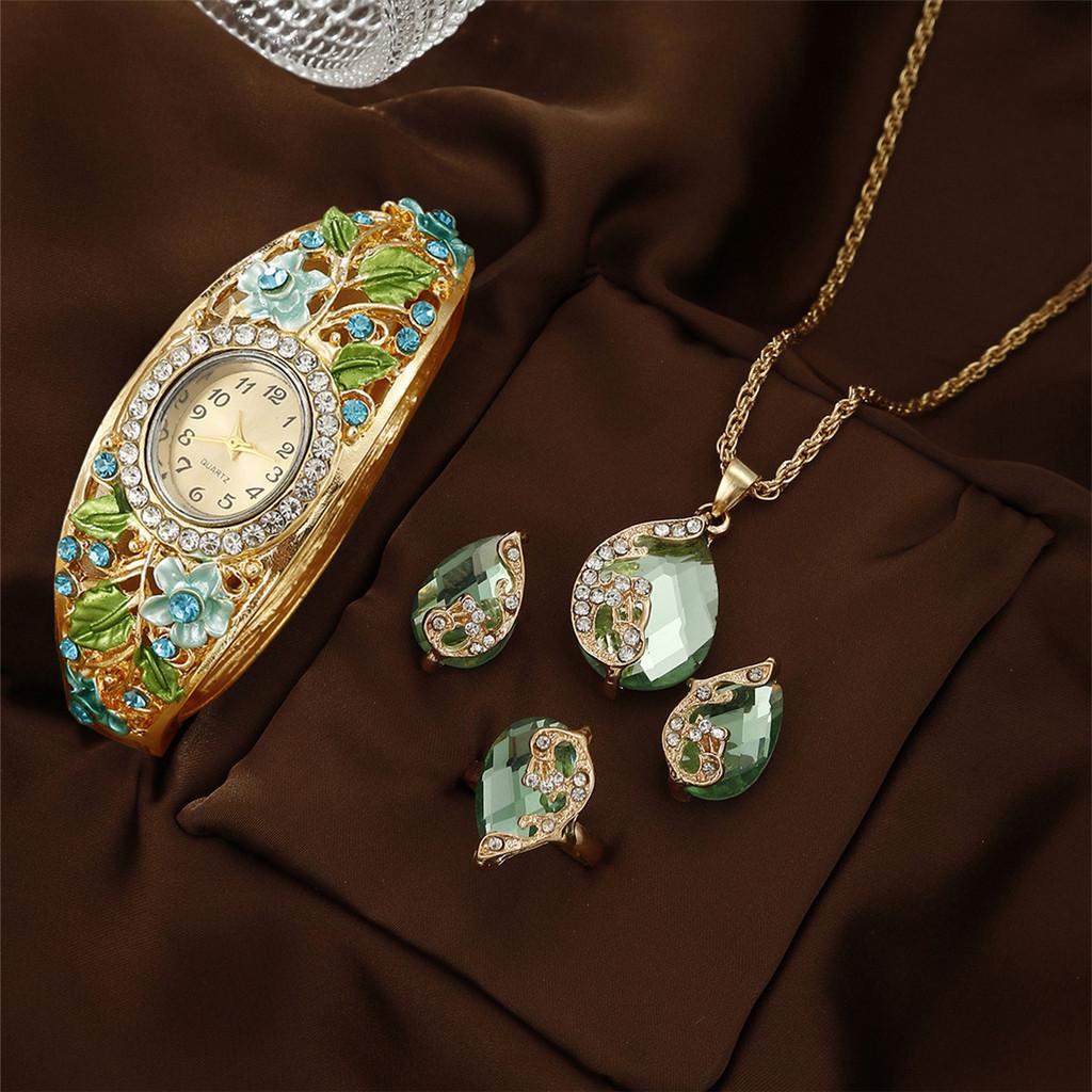 Vintage Cloisonne Floral Ladies Watch Jewelry Set With Quartz Movement For Elegant Wear