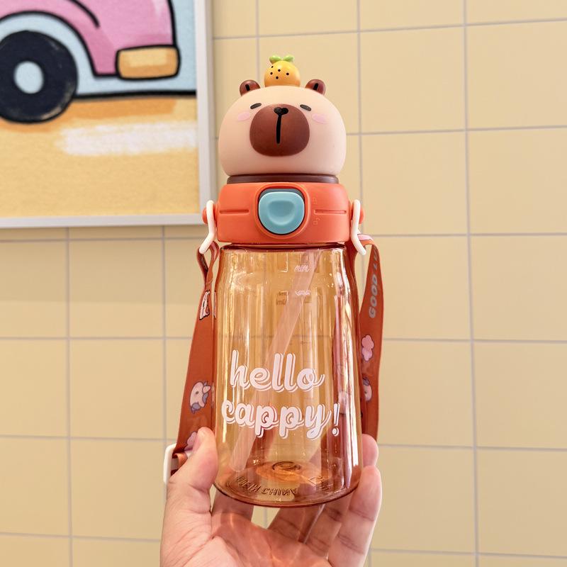 Cartoon Bear Straw Cup: Portable Flip-top Water Bottle with Lanyard
