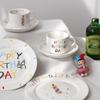 Koreanischer Cartoon Handgezeichnete Tasse Alles Gute zum Geburtstag Keramik Frühstückstasse Kuchenteller Niedliches Kaffeebecher und Tellerset Als Geschenk