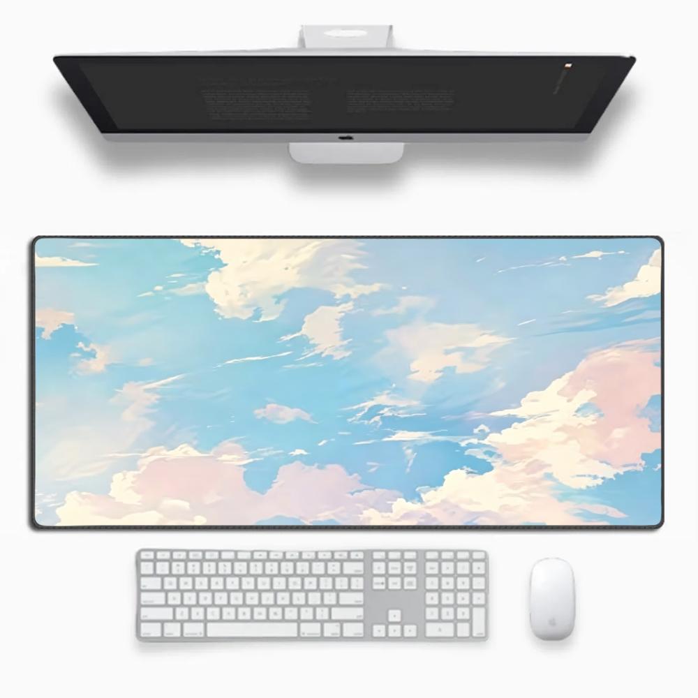 Soft Pastel Blue Pink Sky Cloud Dreamy Aesthetic Gaming Mouse Pad Non Slip Rubber Stitched Edge Large Keyboard Desk Mat Mousepad