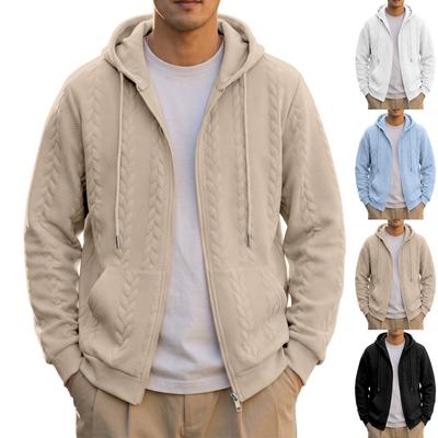 Erkek Örgü Desenli Tam Fermuarlı Kapüşonlu Ceket, Günlük Giyim İçin Ön Cepli Uzun Kollu Büzgülü Kapüşonlu Sweatshirt